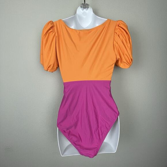 Tabitha Brown Target Swimsuit M Colorblock Puff Sleeve Open Front Tie One Piece - Picture 6 of 8